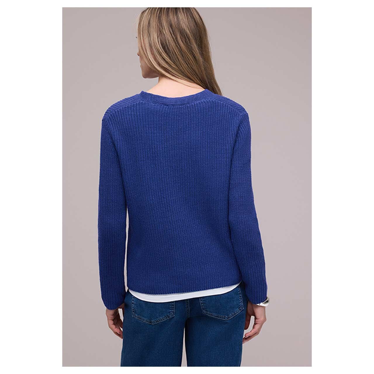 Damen Pullover V-Neck Sweater von Street One in Blau, Rückansicht am Model