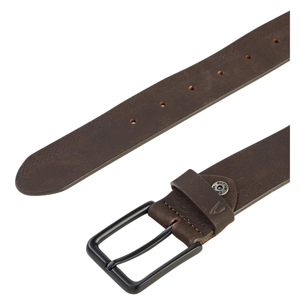 Herren Ledergürtel von Camel active in Dunkelbraun, Detailansicht Schnalle und Perforierung