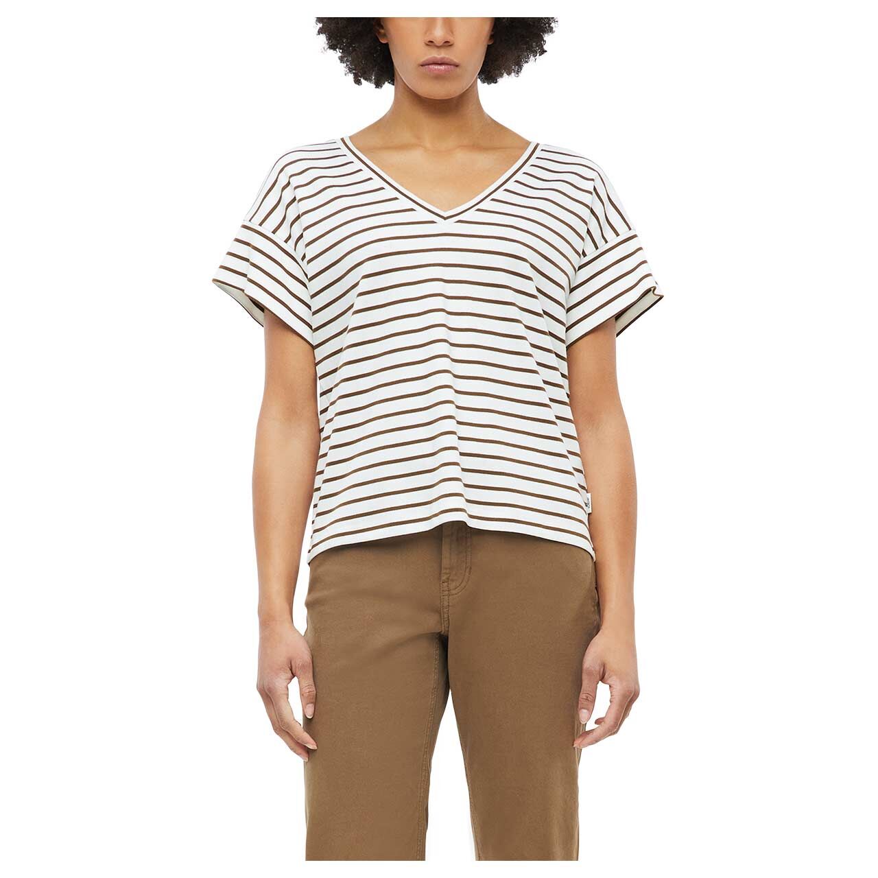 s. Oliver Damen T-Shirt in Braun gestreift, Vorderansicht am Model