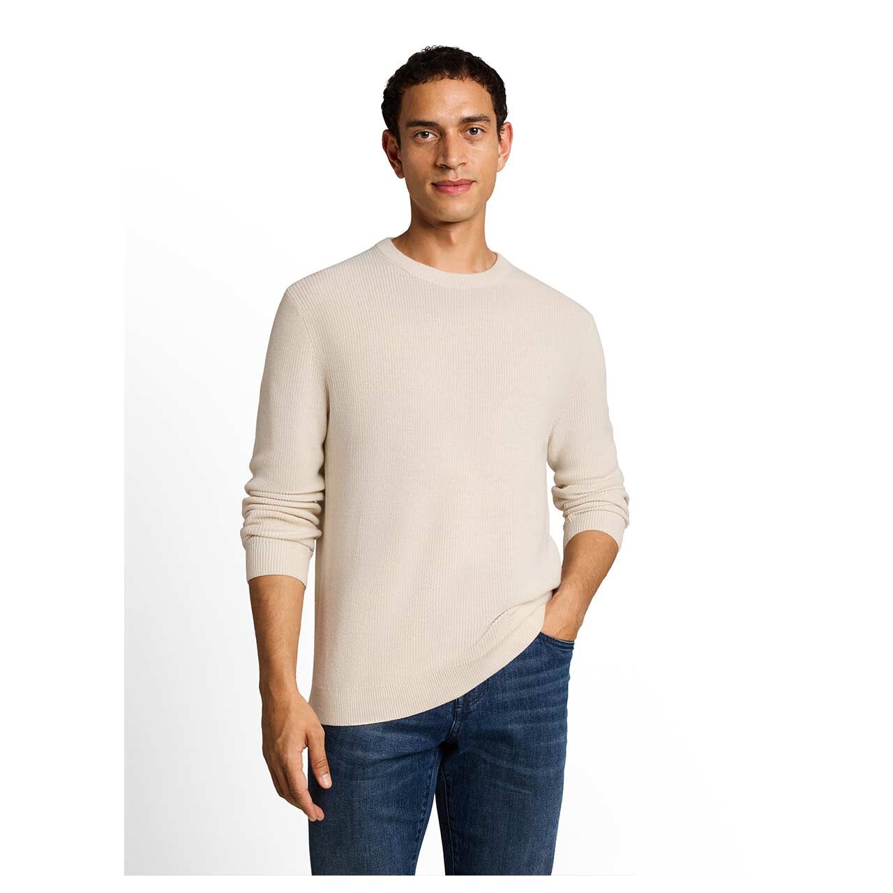 Herren Pullover Cashmere Structured Crew Knit von Tom Tailor in Cremeweiß meliert, Vorderansicht am Model