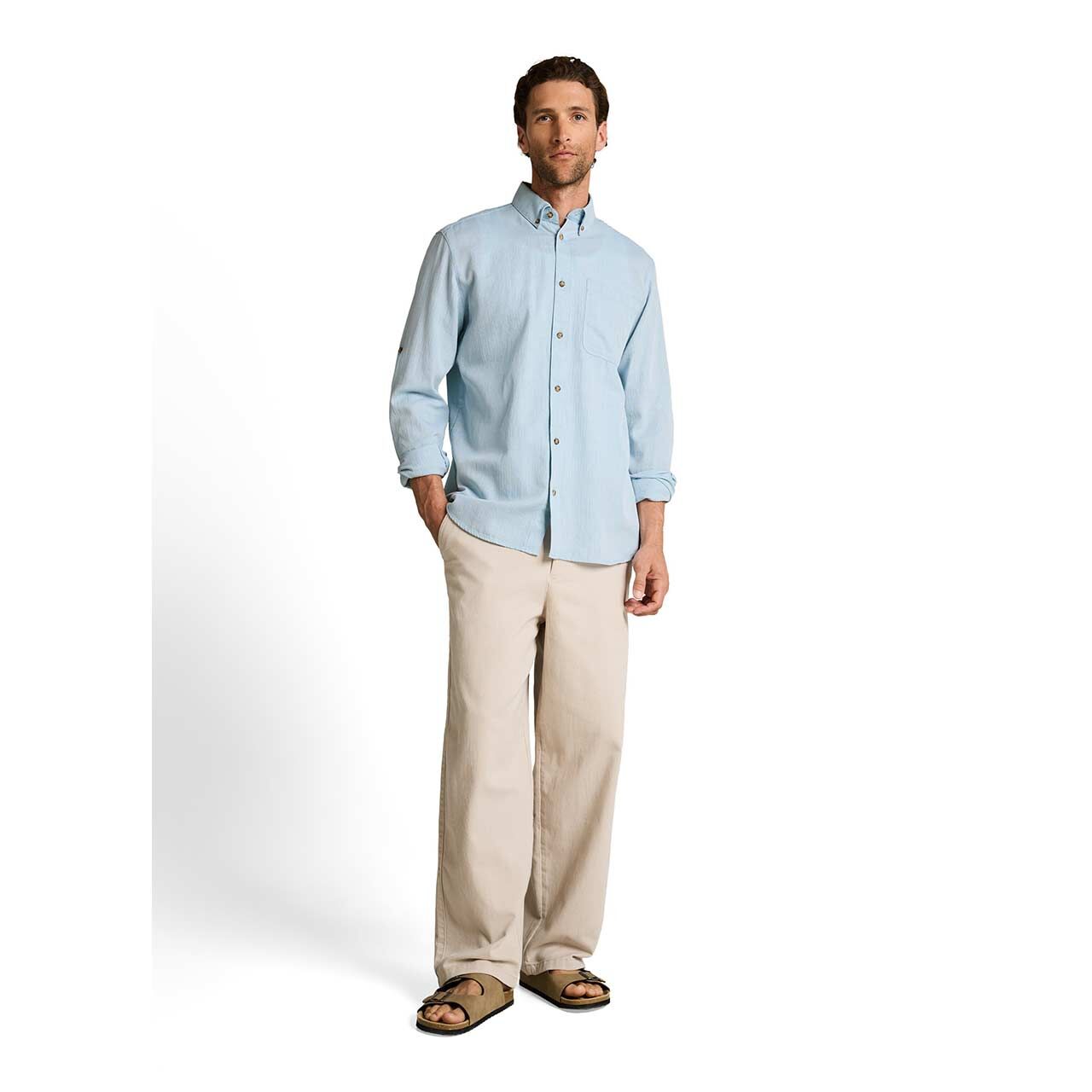 Herren Langarm Hemd von Tom Tailor in Hellblau mit Print, Ganzkörperansicht am Model