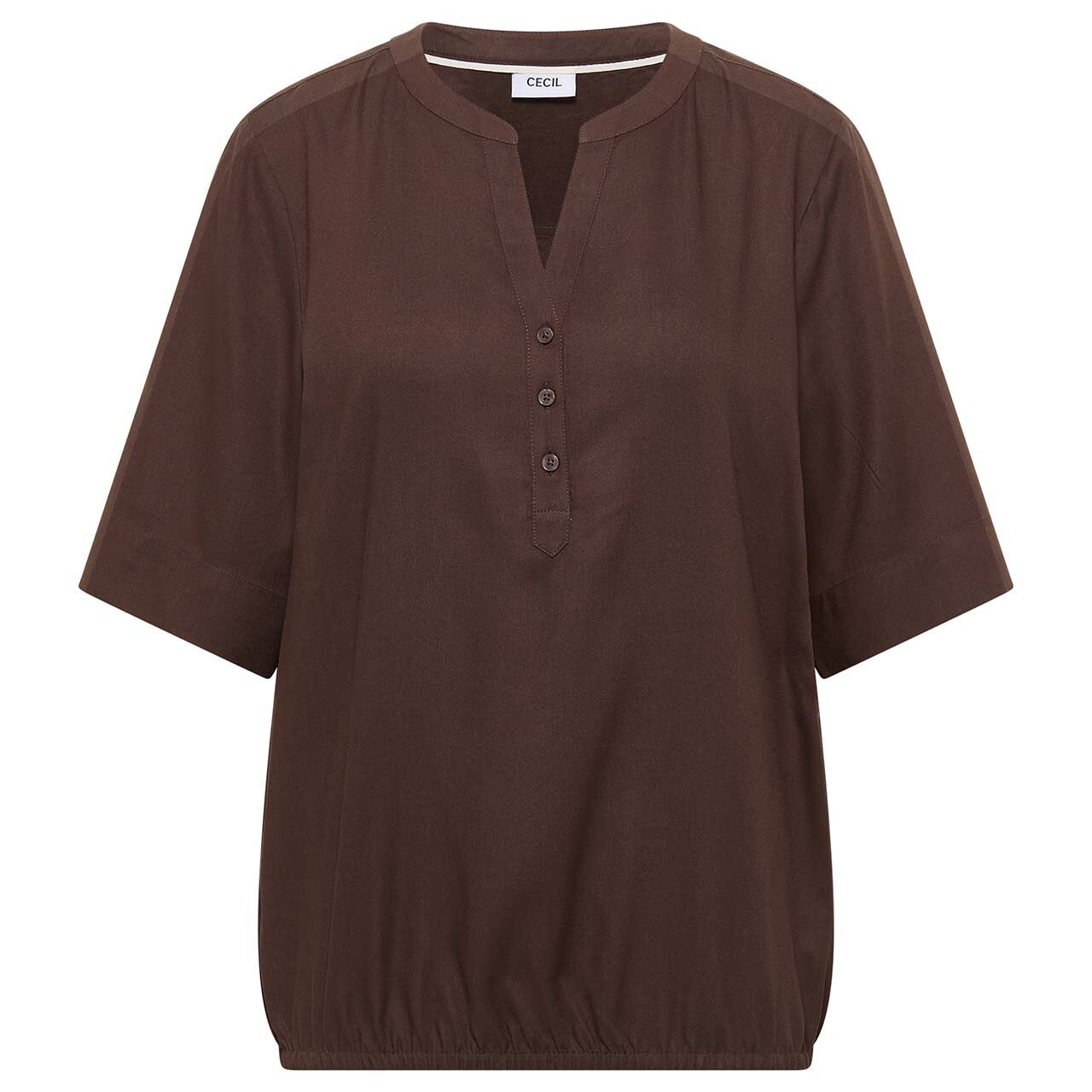 Cecil Damen Kurzarm Bluse Solid Splitneck macchiato brown