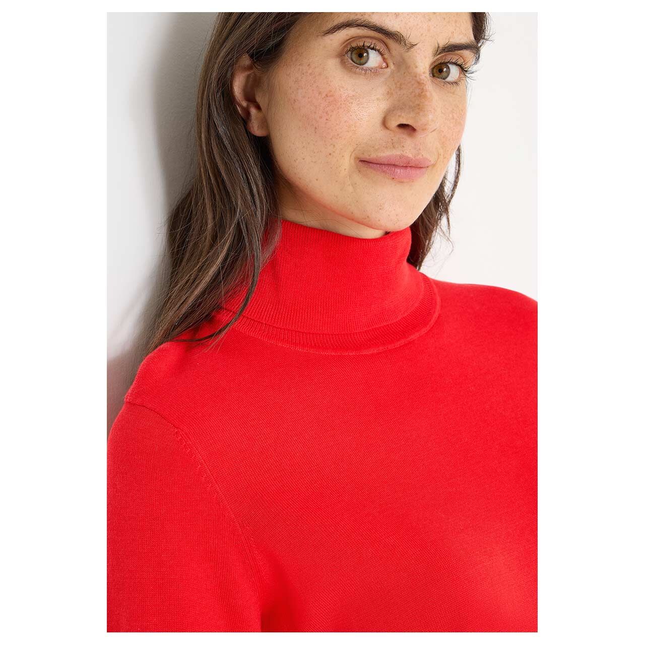 Damen Rollkragen Pullover Basic Roll Neck von Cecil in Orange-Rot, detaillierte Vorderansicht am Model