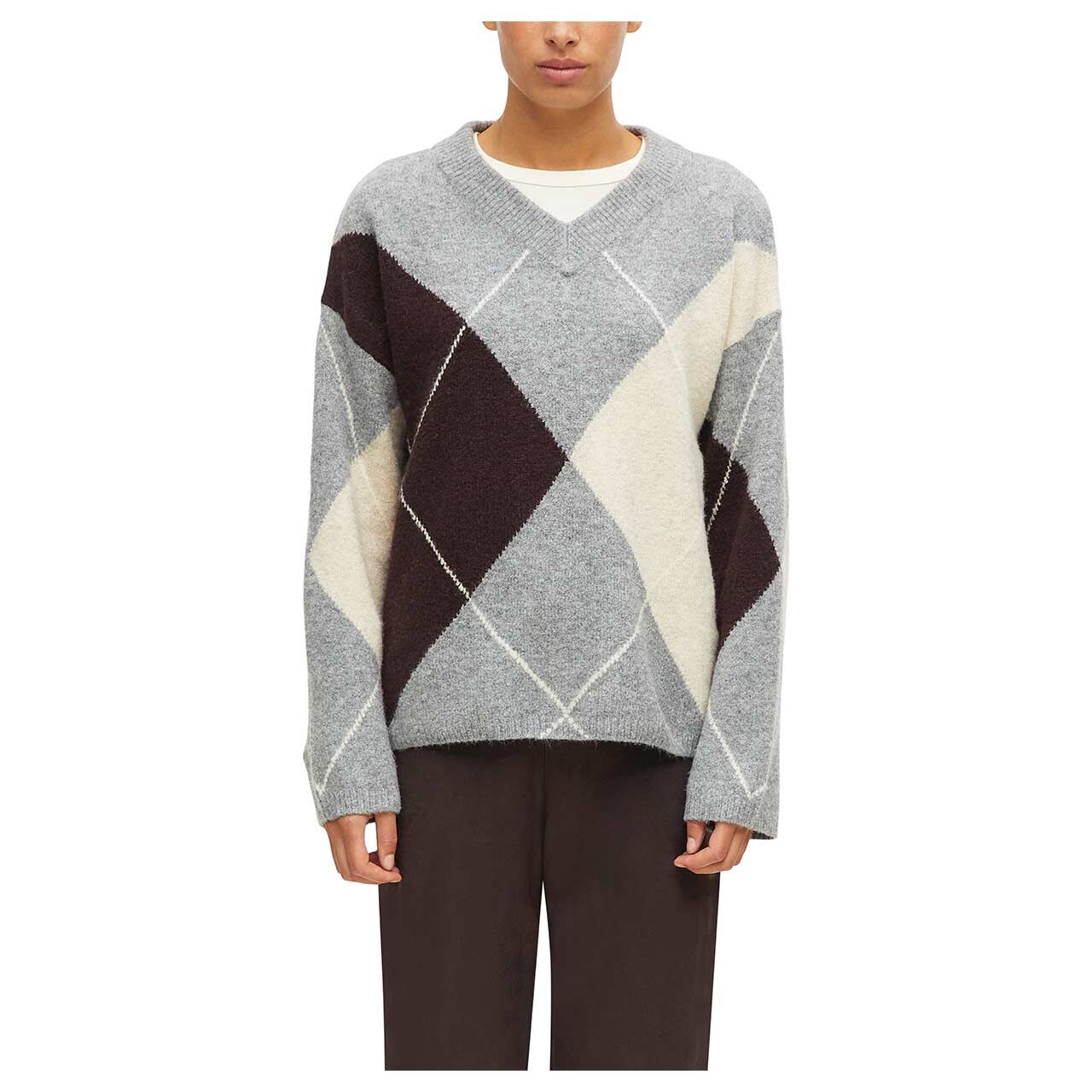 s.Oliver Damen Pullover in Grau mit Print, Vorderansicht am Model