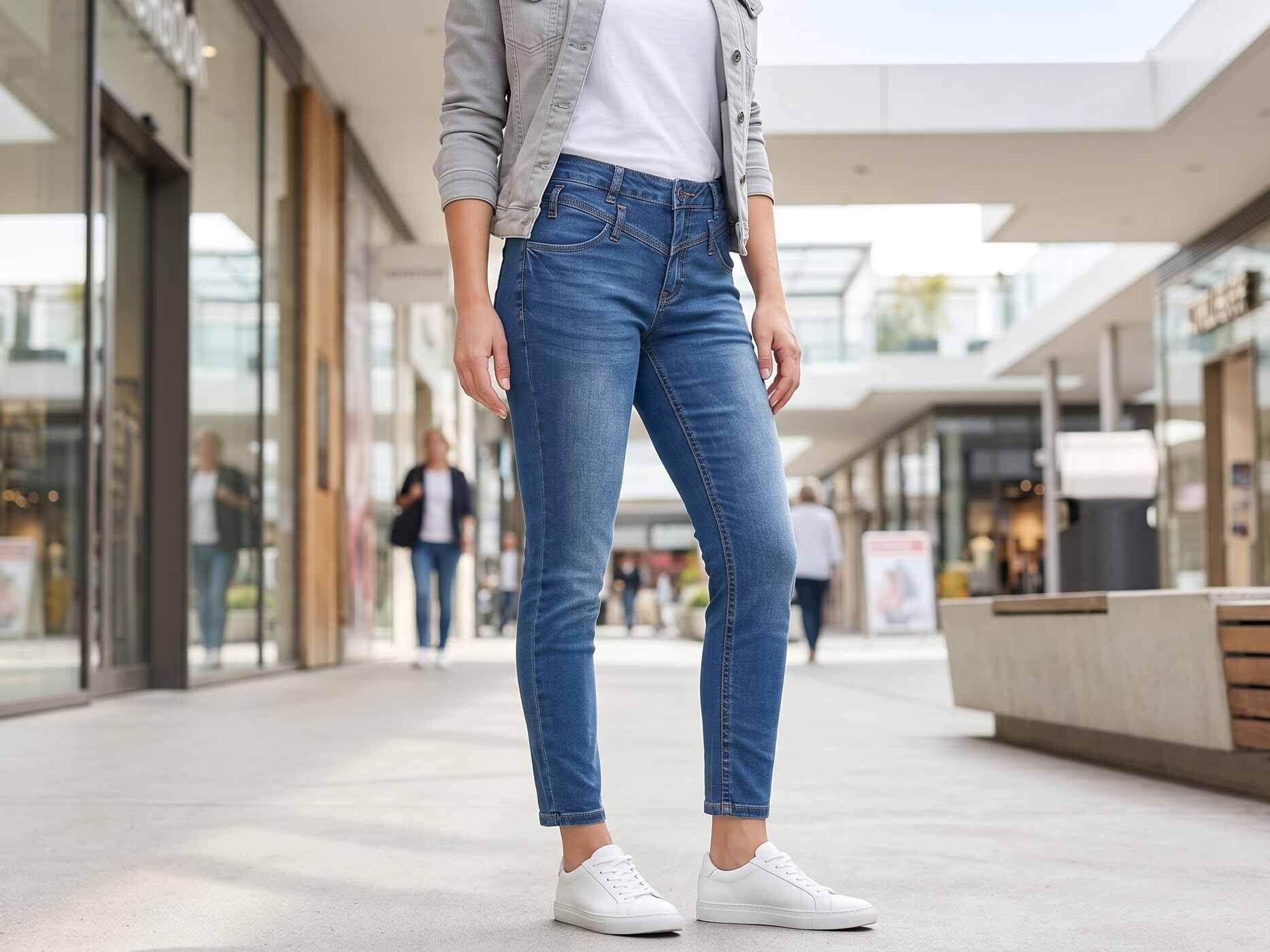 Ausschnitt, der den Körper einer Frau zeigt. Sie trägt eine graue Jacke, ein weißes Shirt und eine blaue Jeans.