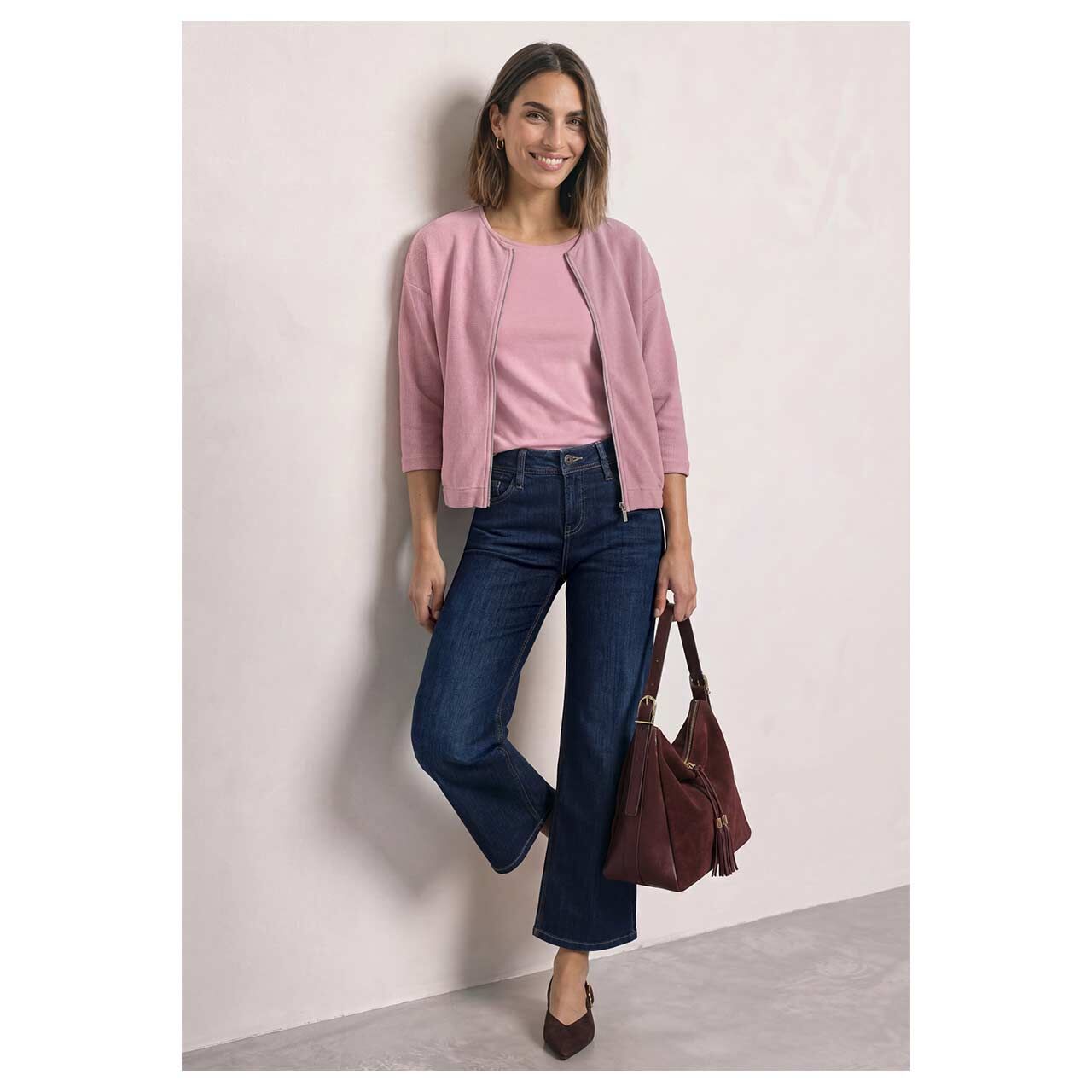 Damen Strickjacke Structure Jacket von Street One in Rosa, Ganzkörperansicht am Model