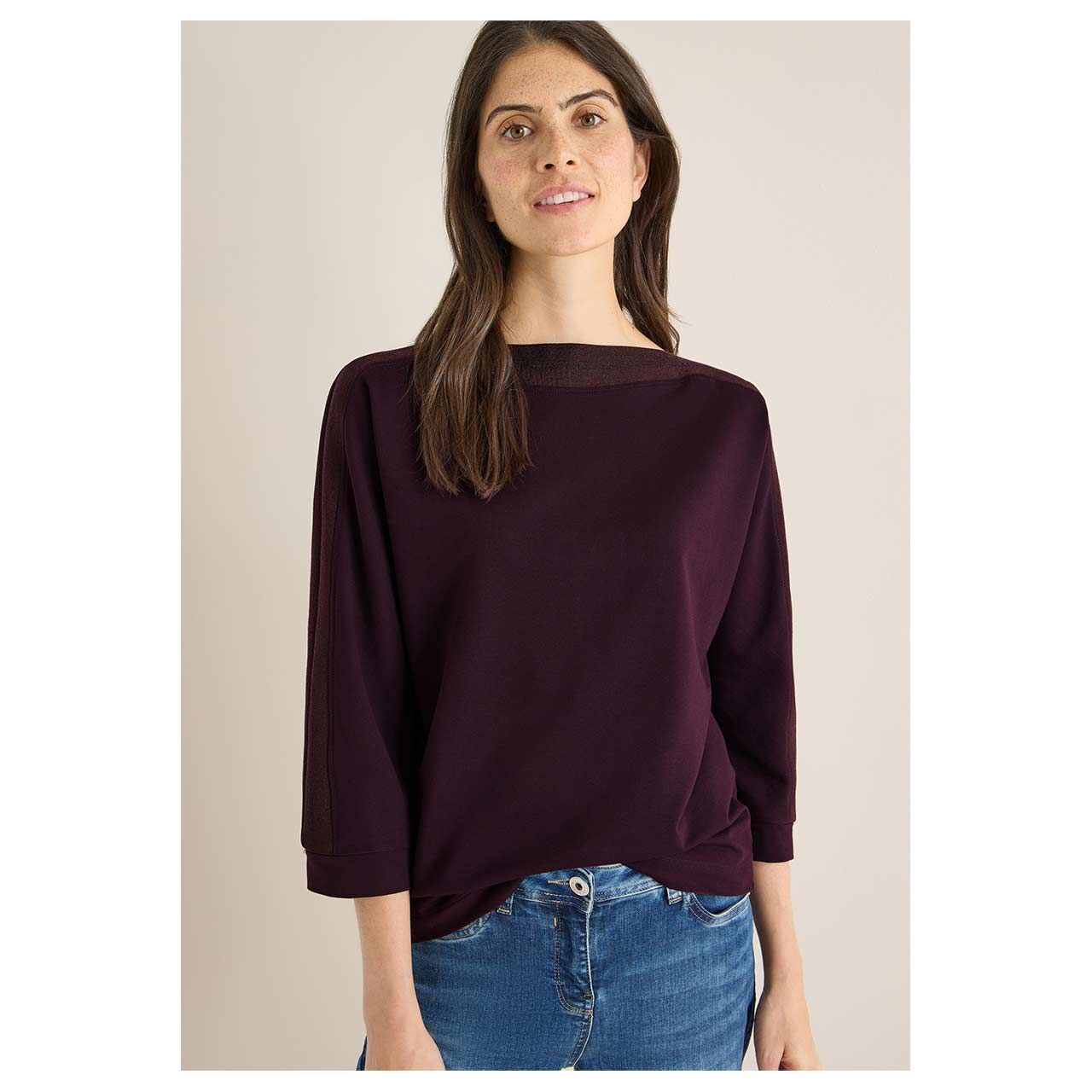 Damen 3/4 Arm Shirt Batwing von Cecil in Lila, Vorderansicht am Model
