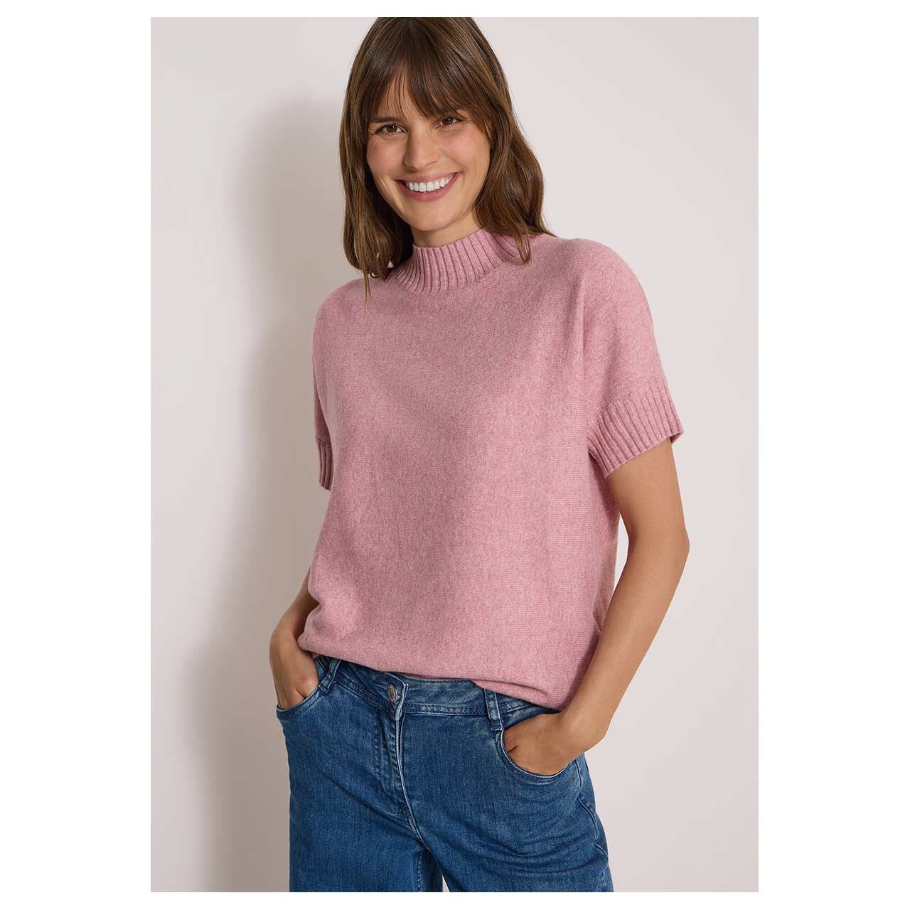 Damen Kurzarm Pullover Shortsleeve Dolman von Cecil in Rosa meliert, Vorderansicht am Model