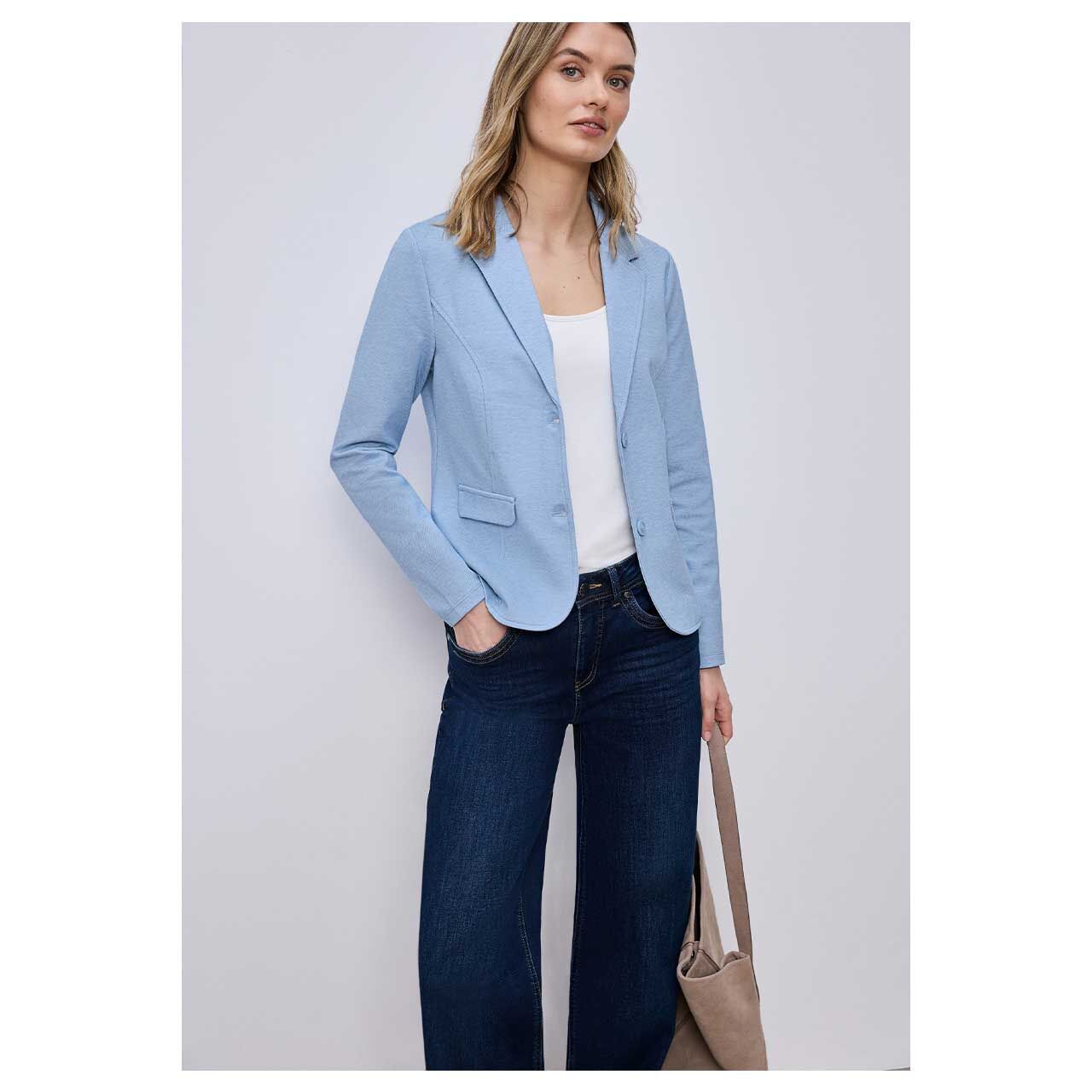 Damen Blazer Basic von Street One in Hellblau meliert, detaillierte Vorderansicht am Model