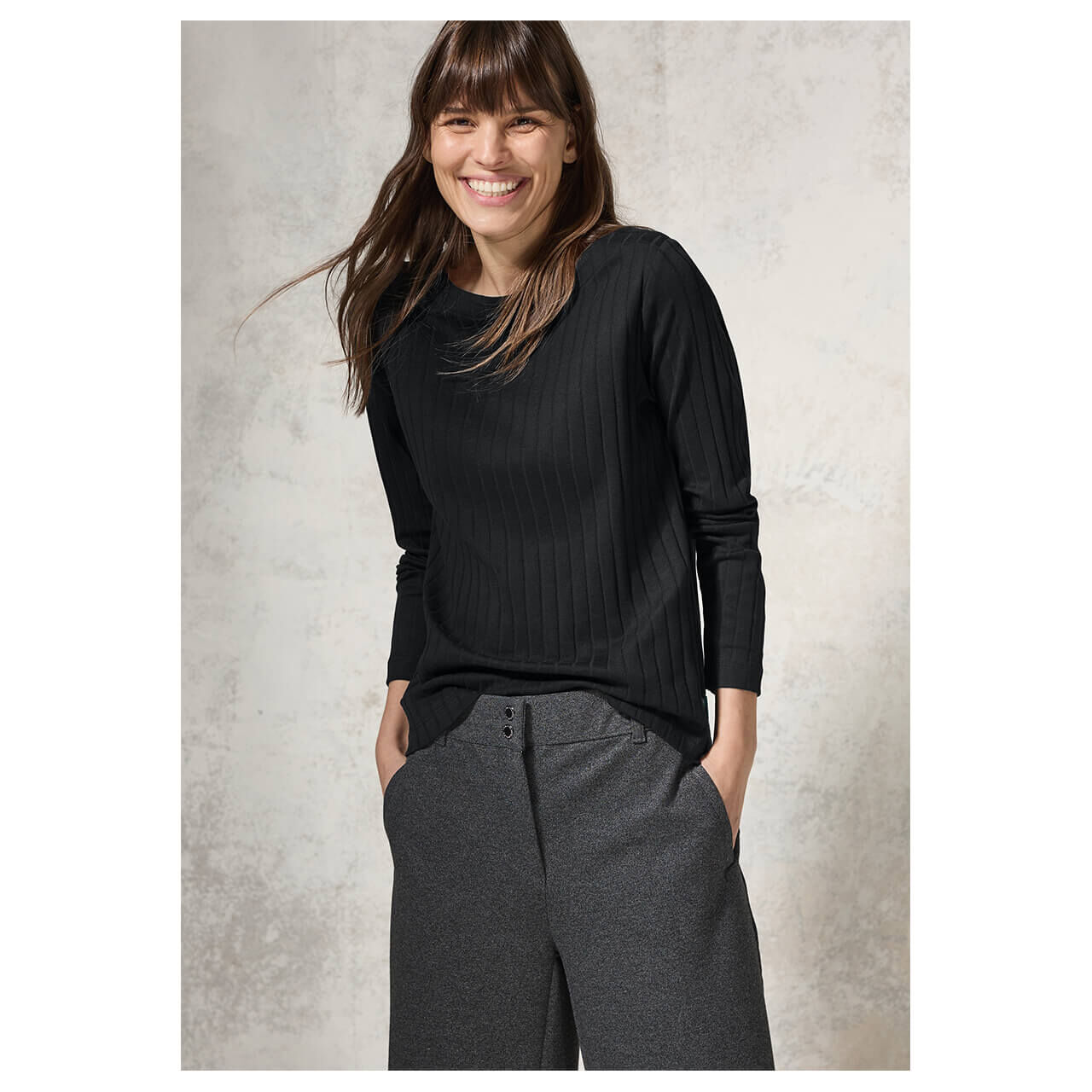 Cecil Damen Langarm Shirt Solid Rib Basic black