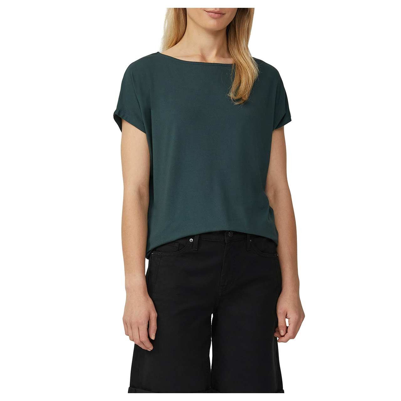 Damen T-Shirt von s.Oliver in Dunkelgrün, detaillierte Vorderansicht mit Model