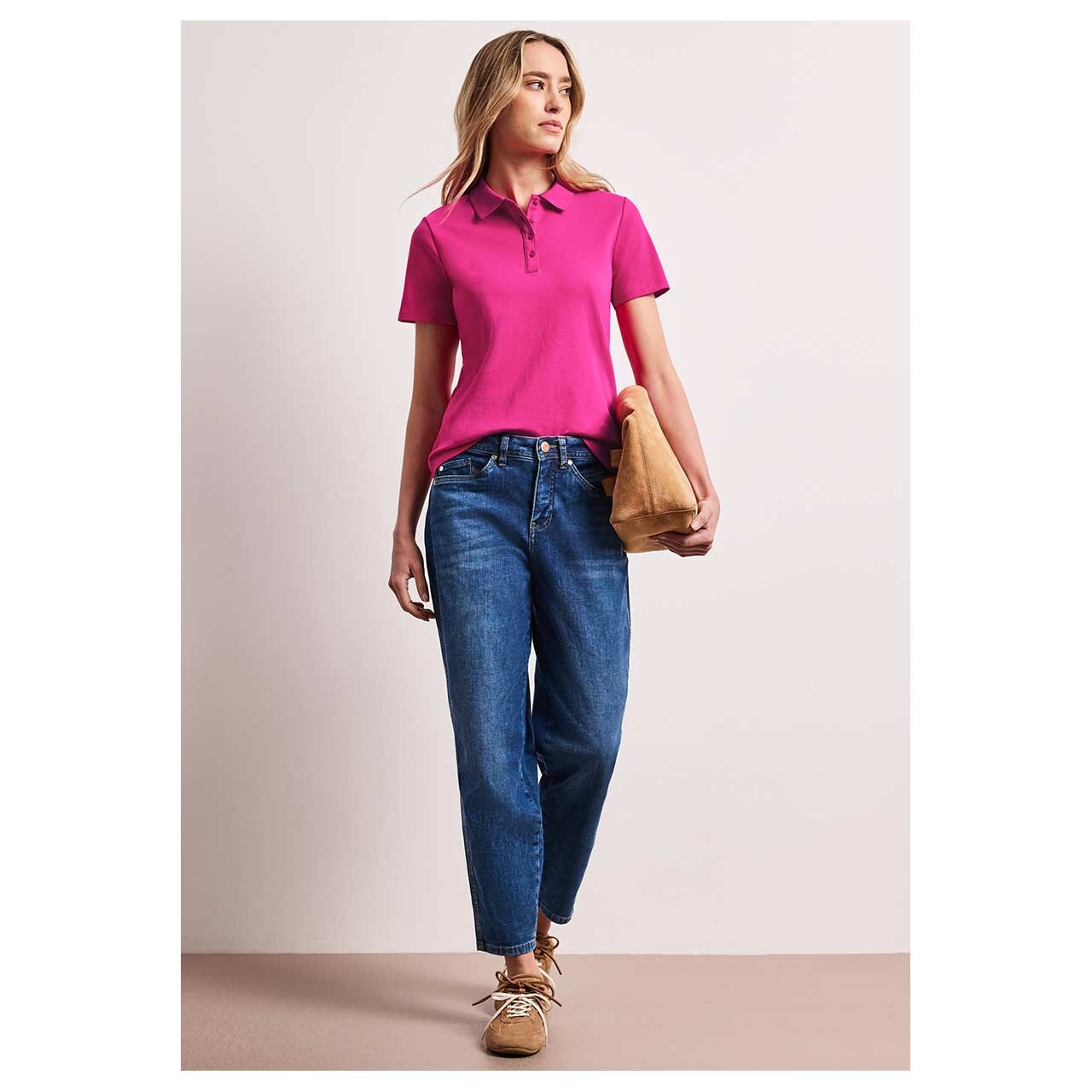 Damen T-Shirt Rib Polo von Street One in Pink, Ganzkörperansicht am Model