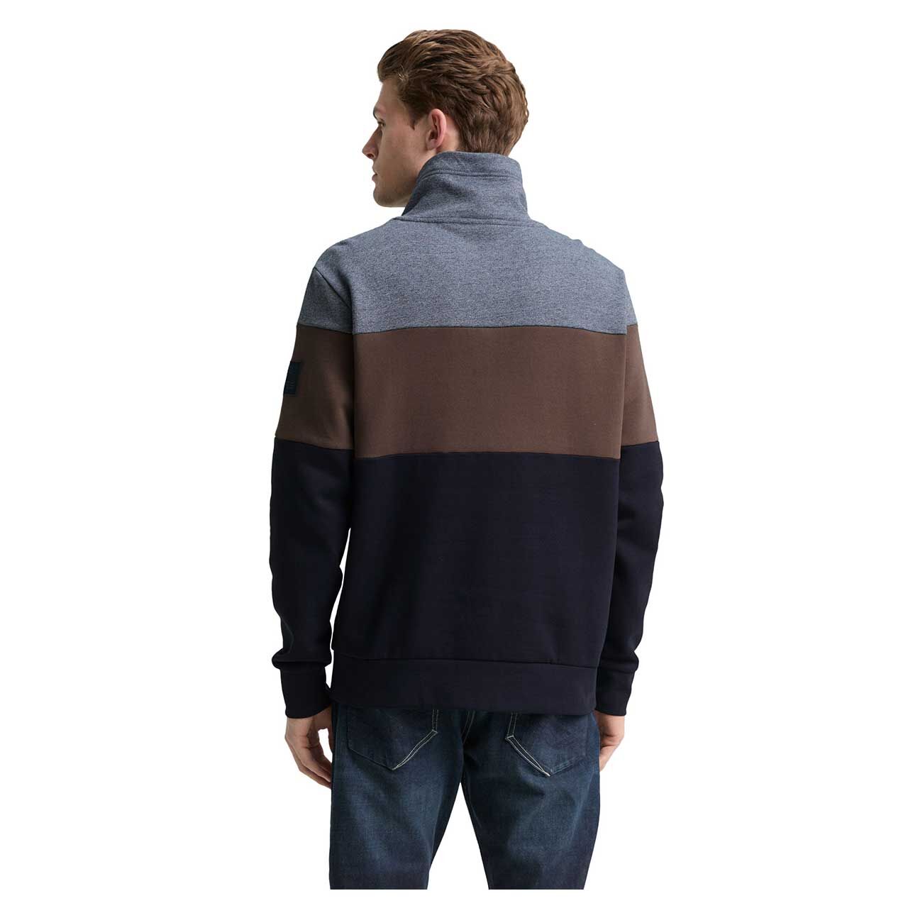 Herren Sweatshirt Cutline Snood von Tom Tailor in Dunkelblau gestreift, Rückansicht am Model