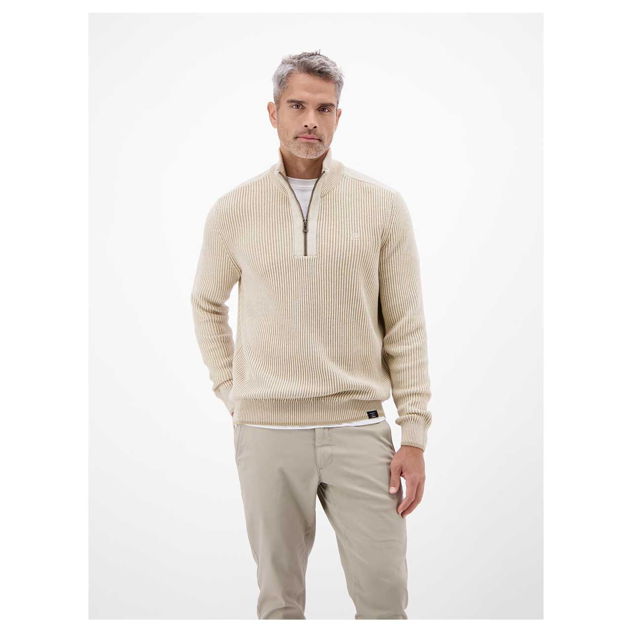 Herren Pullover Troyer von Lerros in Beige meliert, Vorderansicht am Model
