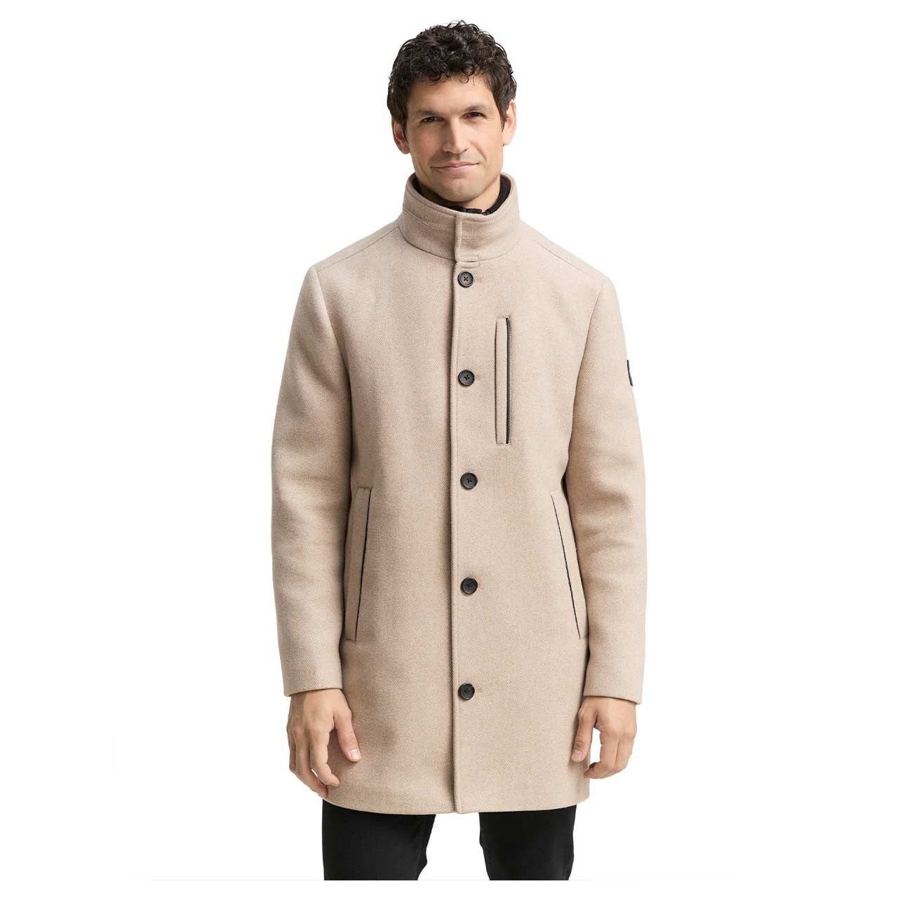 Herren Mantel Wool Coat 2 in 1 von Tom Tailor in Beige mit Print, Vorderansicht am Model