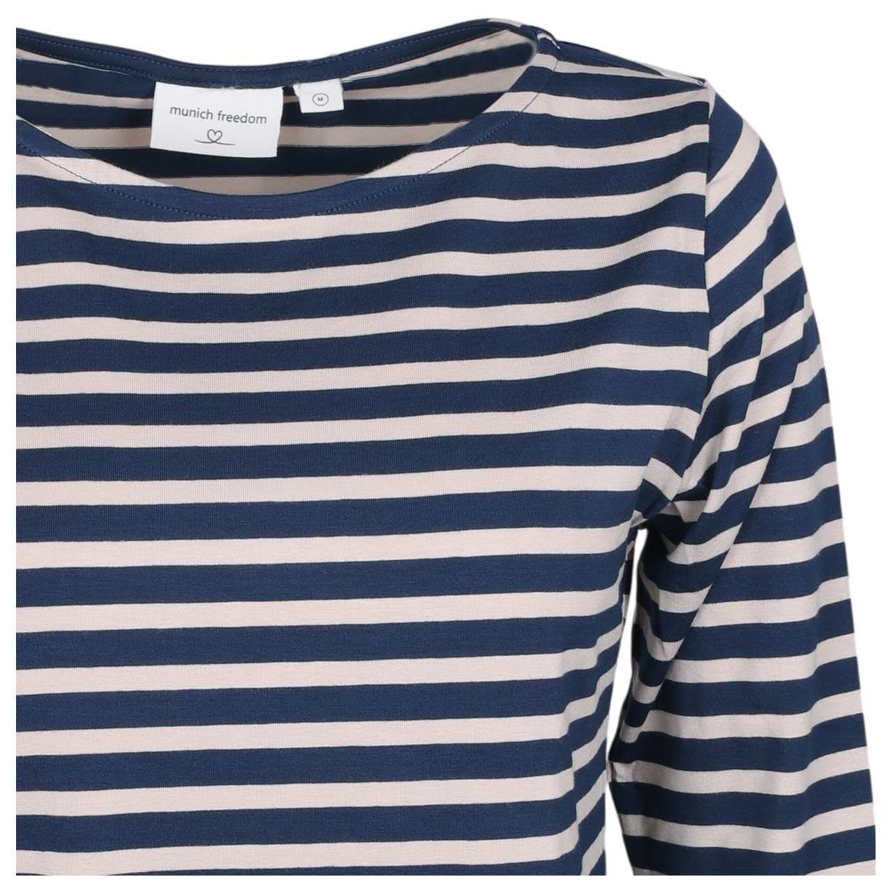 Damen 3/4 Arm Shirt von Munich Freedom in Blau-Beige gestreift, detaillierte Ansicht von vorne