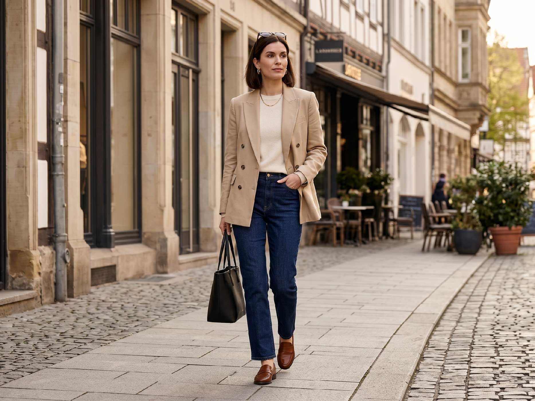 Eine Frau geht durch eine Altstadtstra&szlig;e und tr&auml;gt eine dunkelblaue Straight-Fit-Jeans. Kombiniert wird die Jeans mit einem hellen Strickoberteil, einem beigen Blazer, braunen Loafern und einer schwarzen Handtasche. Der gerade Schnitt sorgt f&uuml;r eine zeitlose und ausgewogene Silhouette.