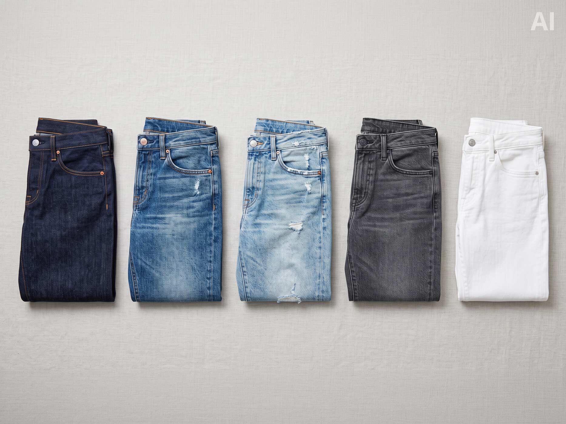 Das Bild zeigt fünf gefaltete Straight Leg Jeans in Dunkelblau, Mittelblau, Hellblau, Grau und Weiß.