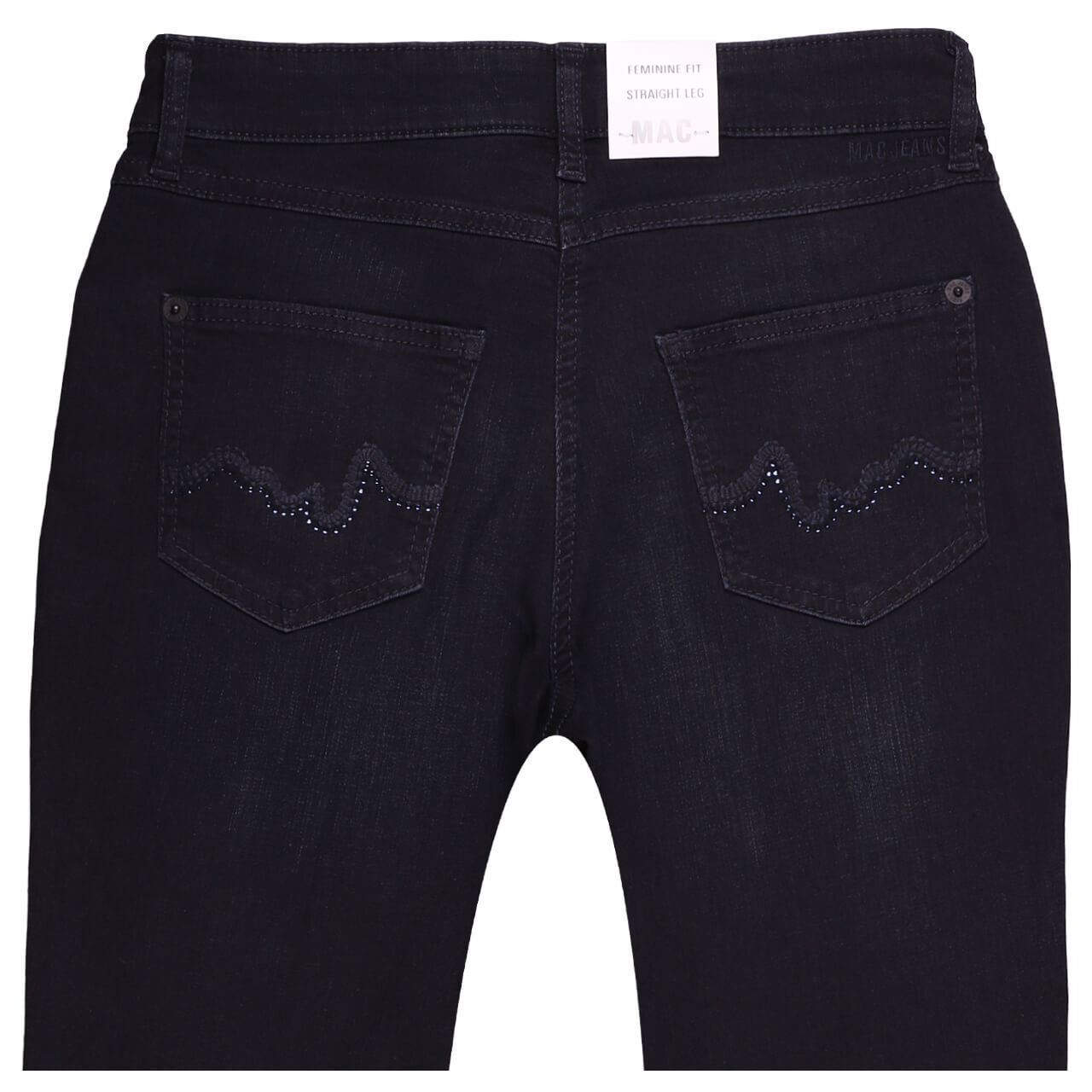 Stretch Damenjeans Melanie von MAC in Dunkelblau angewaschen mit Strass, detaillierte Rückansicht