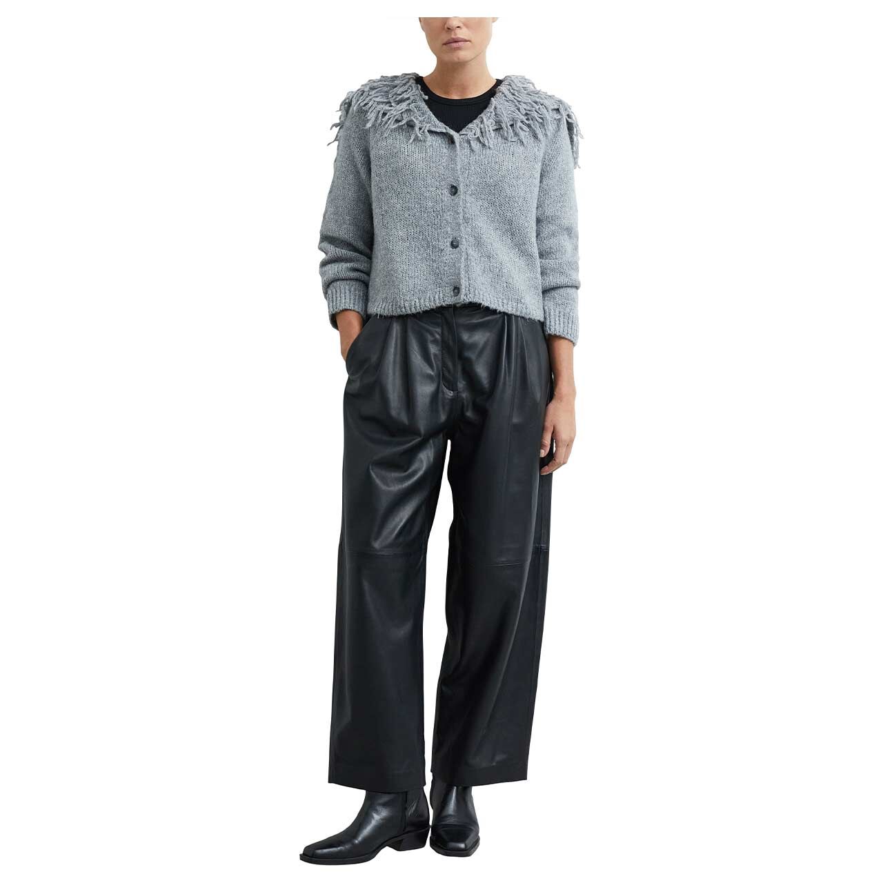 Damen Strickjacke von Comma in Grau meliert, Ganzkörperansicht am Model