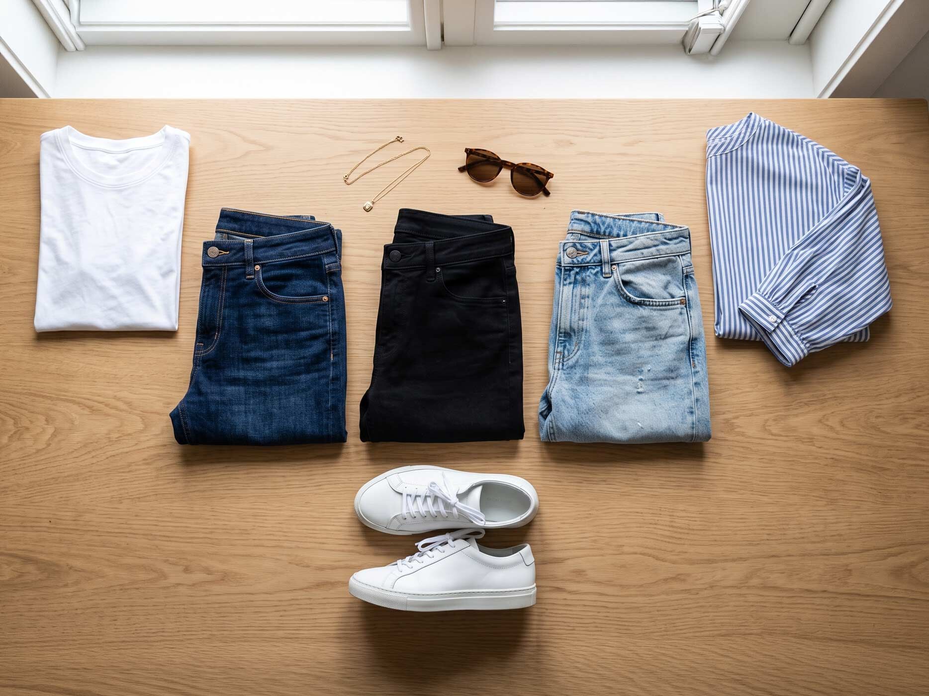 Drei Jeans in dunkler, schwarzer und heller Waschung liegen zusammen mit einem T-Shirt, einer Bluse und weißen Sneakern auf einem Holztisch und zeigen eine vielseitige Jeansauswahl für verschiedene Anlässe.