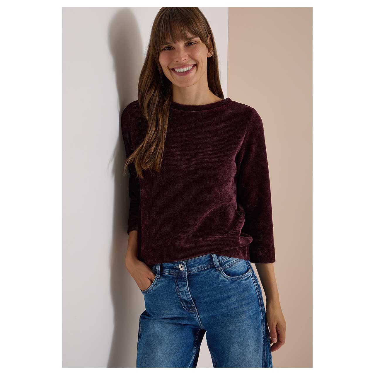 Damen 3/4 Arm Cord Shirt Soft von Cecil in Lila, Vorderansicht am Model