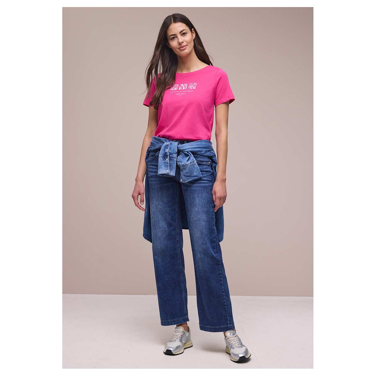 Damen T-Shirt Basic Pearl Print von Street One in Pink mit Print, Ganzkörperansicht Model vorne