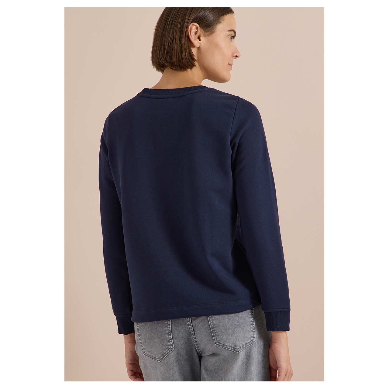 Damen Sweatshirt Solid Embroidery von Cecil in Dunkelblau mit Print, Rückansicht am Model