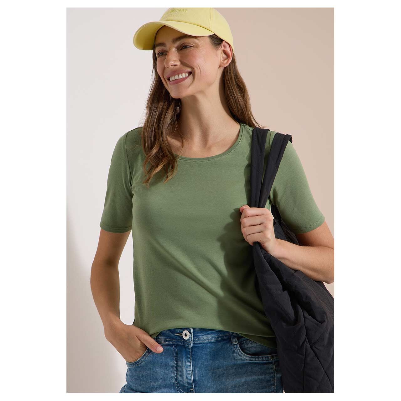 Damen T-Shirt Lena von Cecil in Grün, Detailansicht von vorne am Model