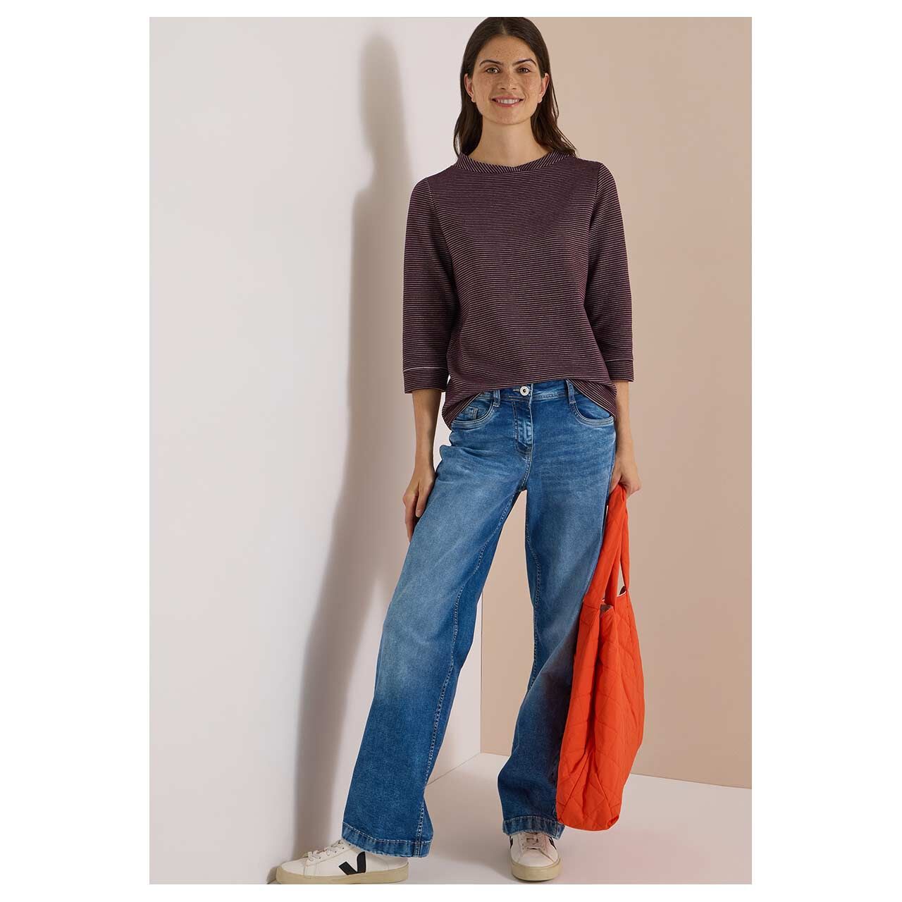 3/4 Arm Shirt Ottoman Funnel Neck von Cecil in Lila gestreift, Ganzkörperansicht