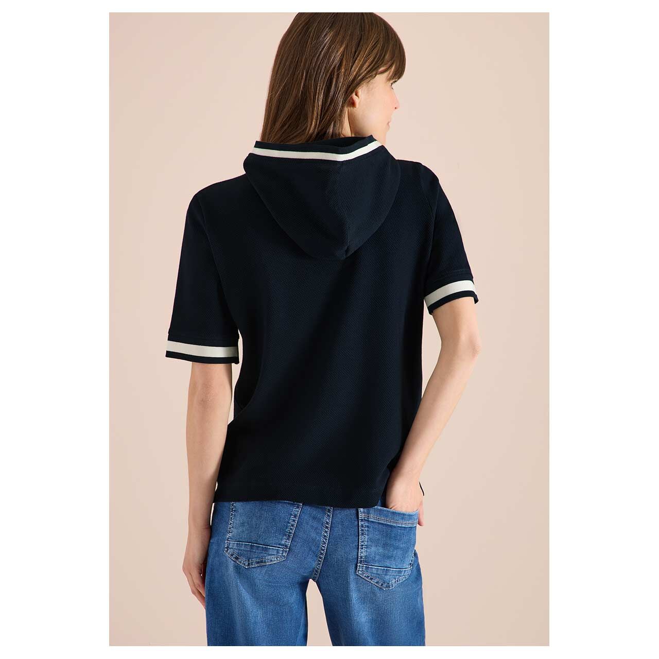 Damen Kurzarm Hoodie Sweatshirt Rib Detail von Cecil in Dunkelblau, Rückansicht am Model