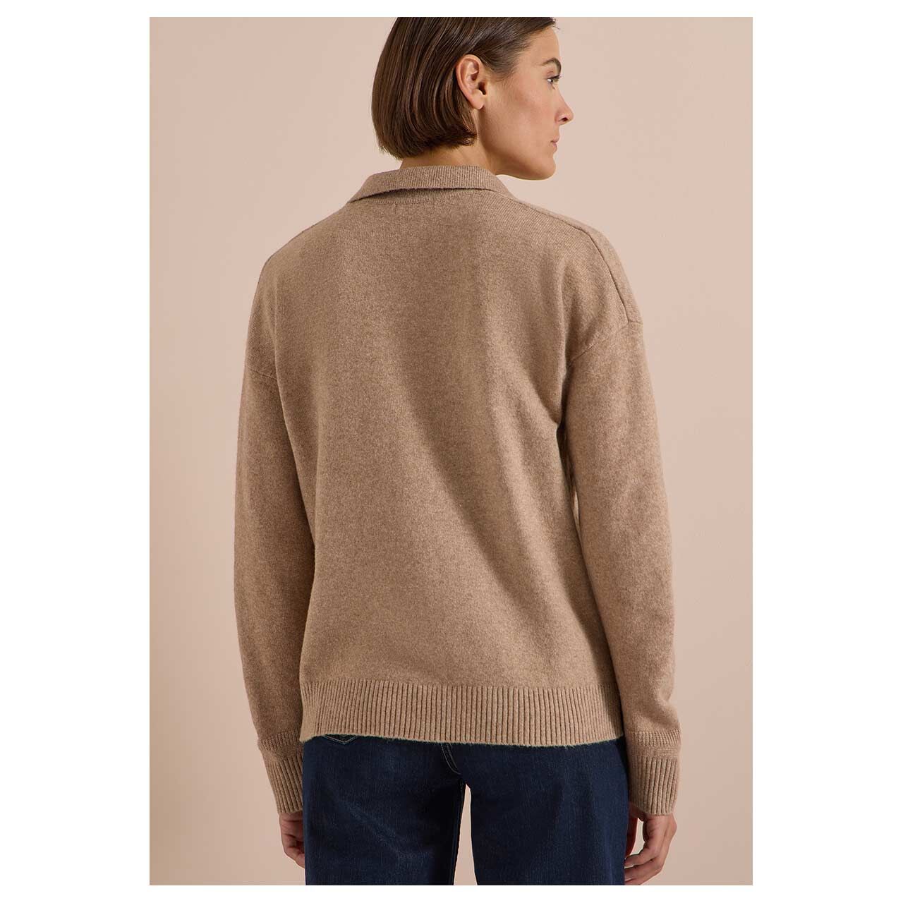 Damen Polo Pullover Cosy von Cecil in Braun meliert, Rückansicht am Model