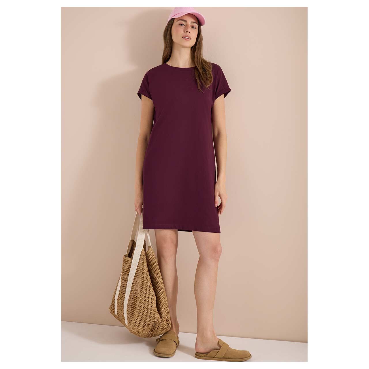 Damen Kurzarm Kleid Solid Jersey Dress von Cecil in Weinrot, Ganzkörperansicht