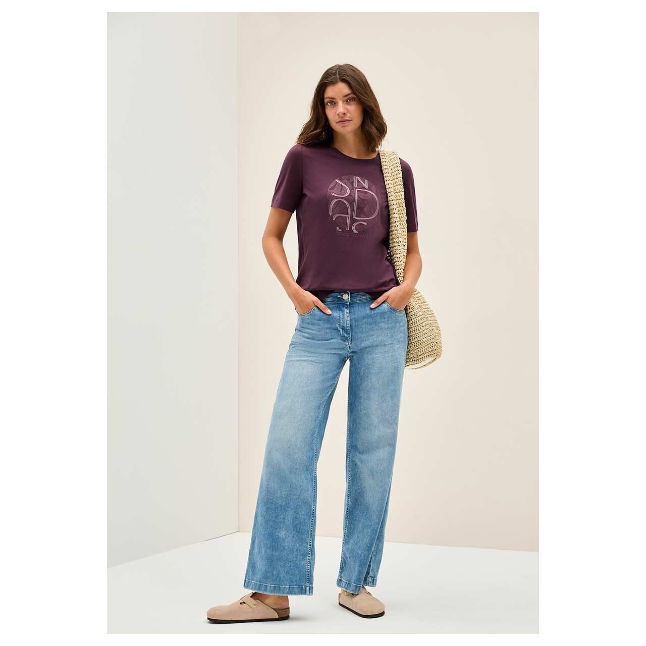 Damen T-Shirt Basic Circle von Cecil in Burgunderrot mit Print, Ganzkörperansicht 