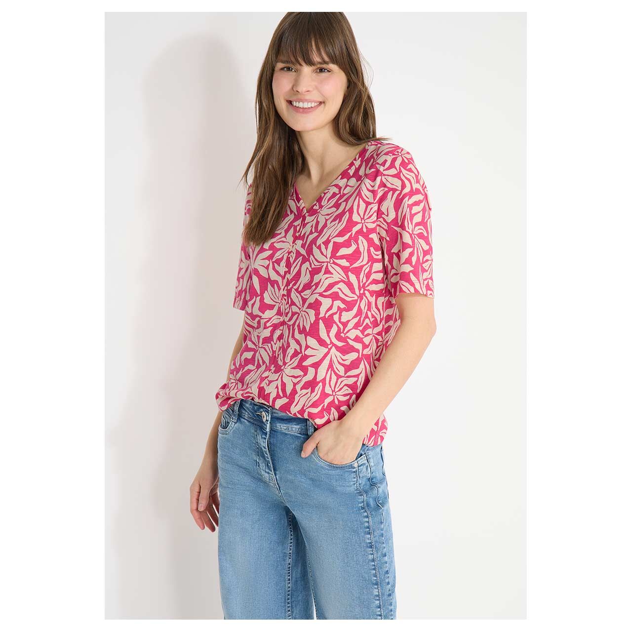 Damen T-Shirt V-Neck Tunic von Cecil in Pink mit Print, Vorderansicht am Model