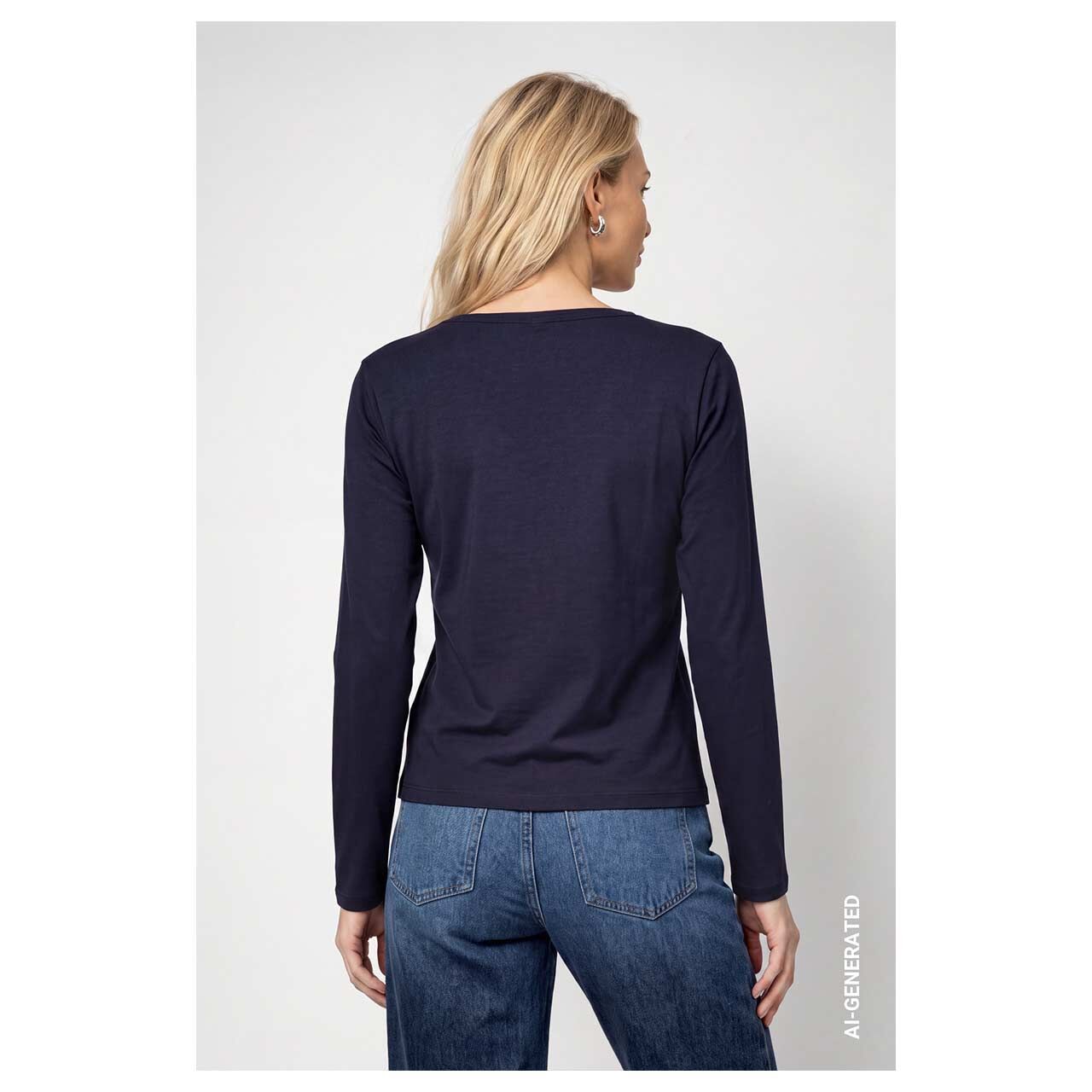 Damen Sweatshirt von Monari in Dunkelblau mit Print, Rückansicht am Model