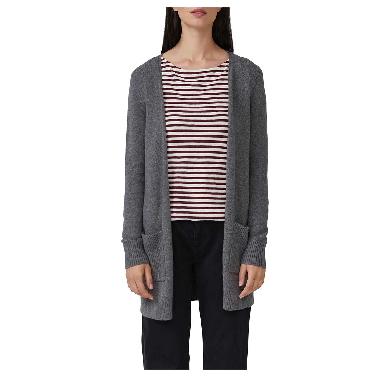 s.Oliver Damen Strickjacke Cardigan in Dunkelgrau meliert, Vorderansicht am Model