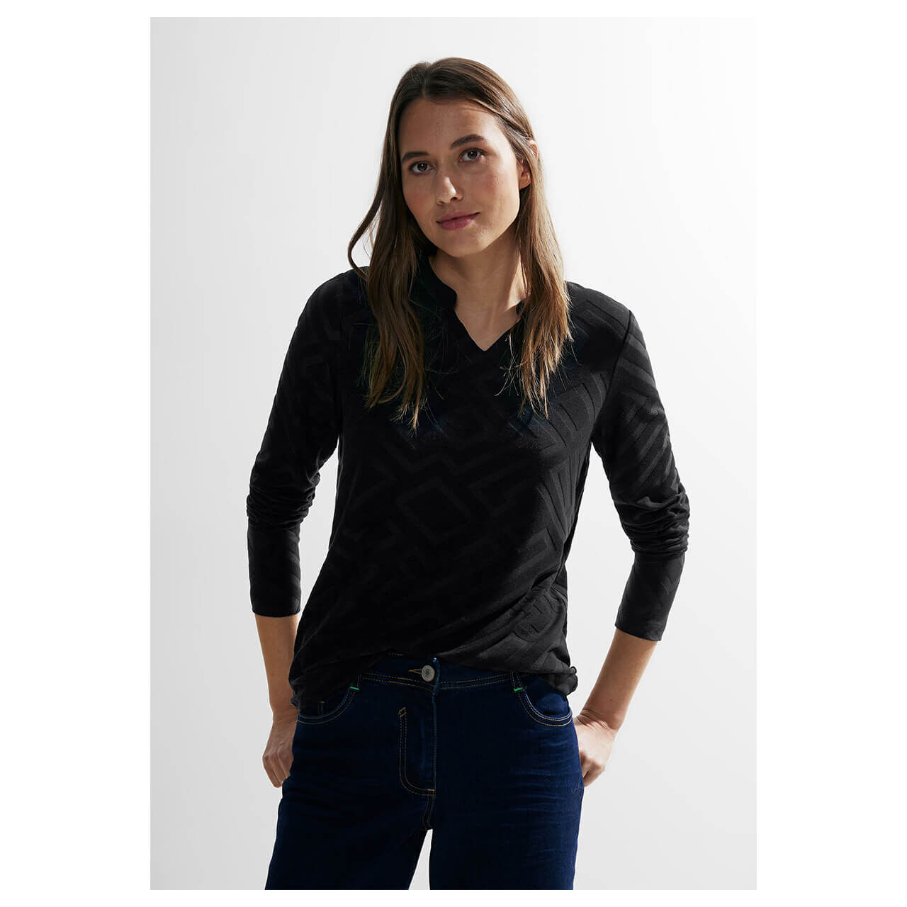 Cecil Damen Langarm Shirt Solid Jacquard Tunic black