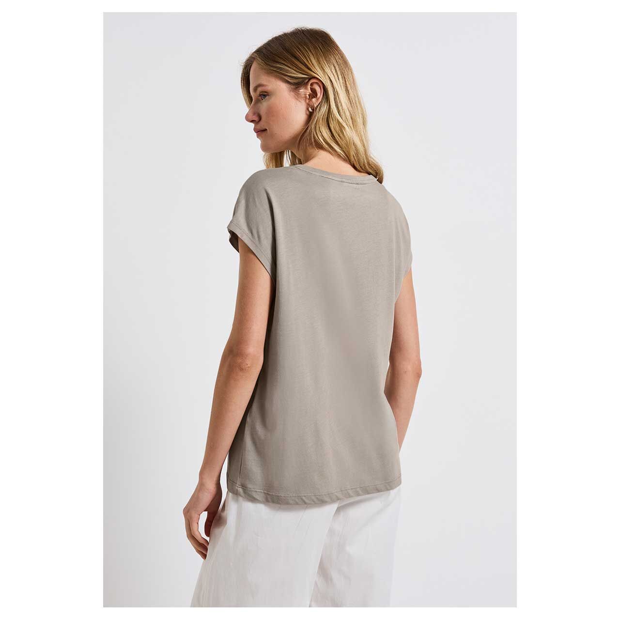 Damen T-Shirt Basic Partprint von Street One in Sanbraun, Rückenansicht am Modell