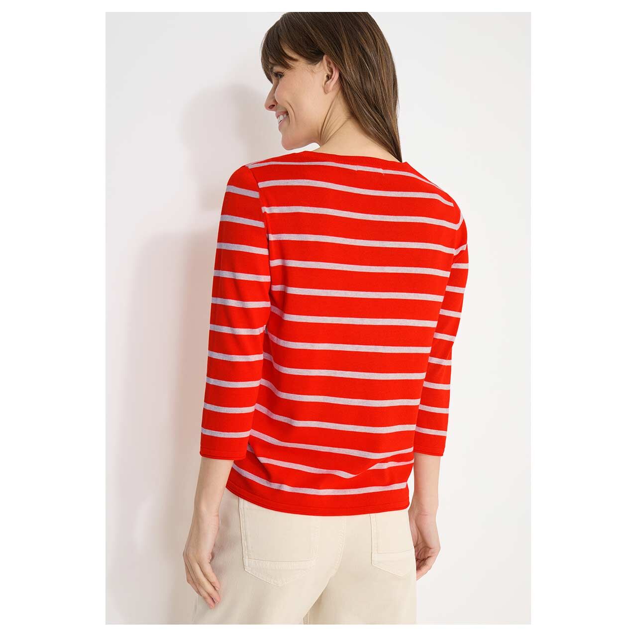Damen 3/4 Arm Pullover Striped Roundneck Sweater von Cecil in Orange-Rot gestreift, Rückansicht am Model