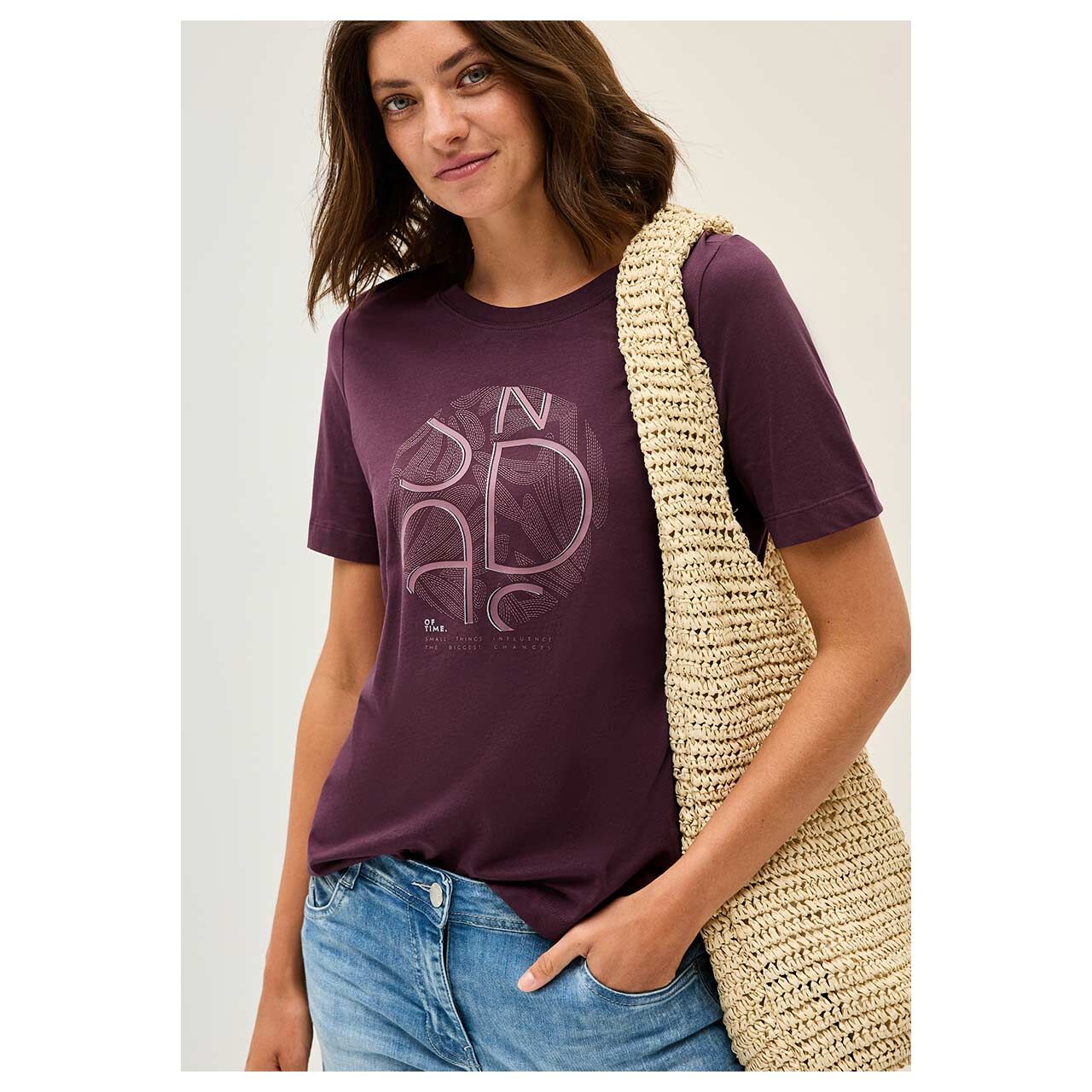Damen T-Shirt Basic Circle von Cecil in Burgunderrot mit Print, Vorderansicht Oberkörper 