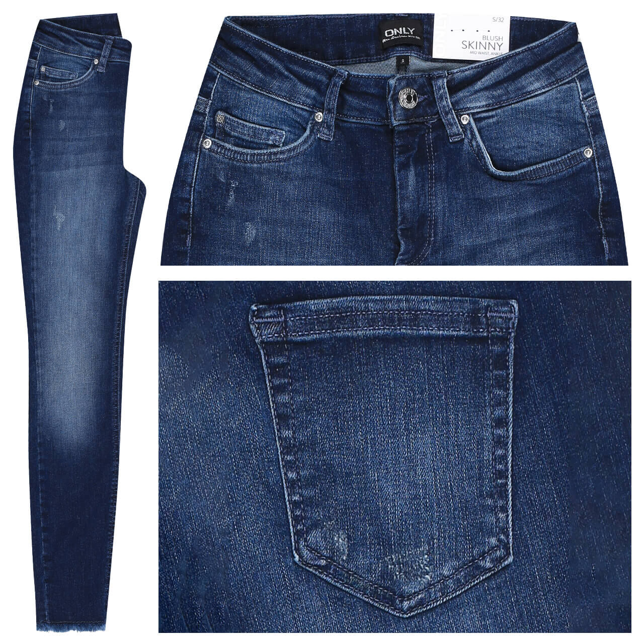 Only Jeans Blush Ankle Skinny für Damen in Dunkelblau verwaschen mit Destroyed-Effekten