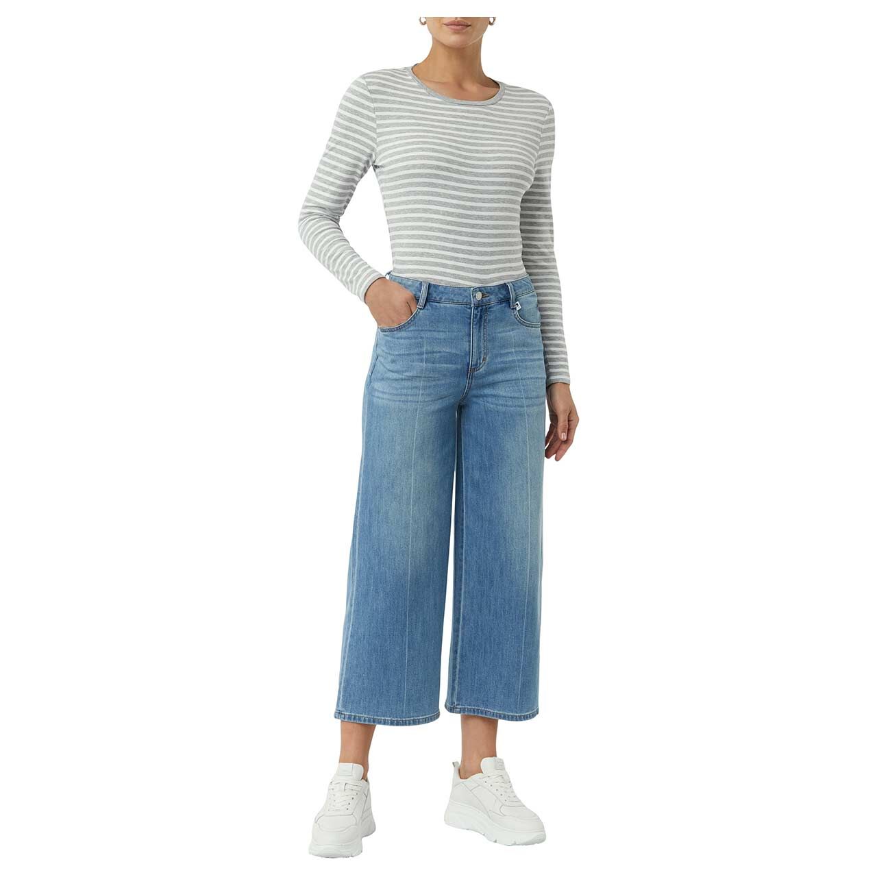 Damen Langarm Shirt von Comma in Grau gestreift, Vorderansicht am Model