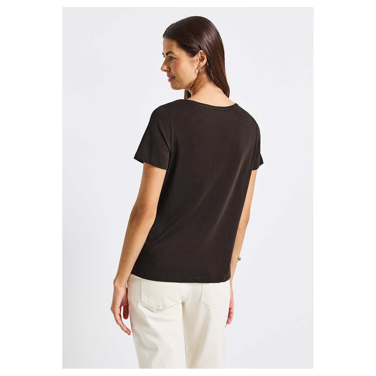 Damen T-Shirt Basic Wording von Street One in Dunkelbraun, Rückansicht am Model