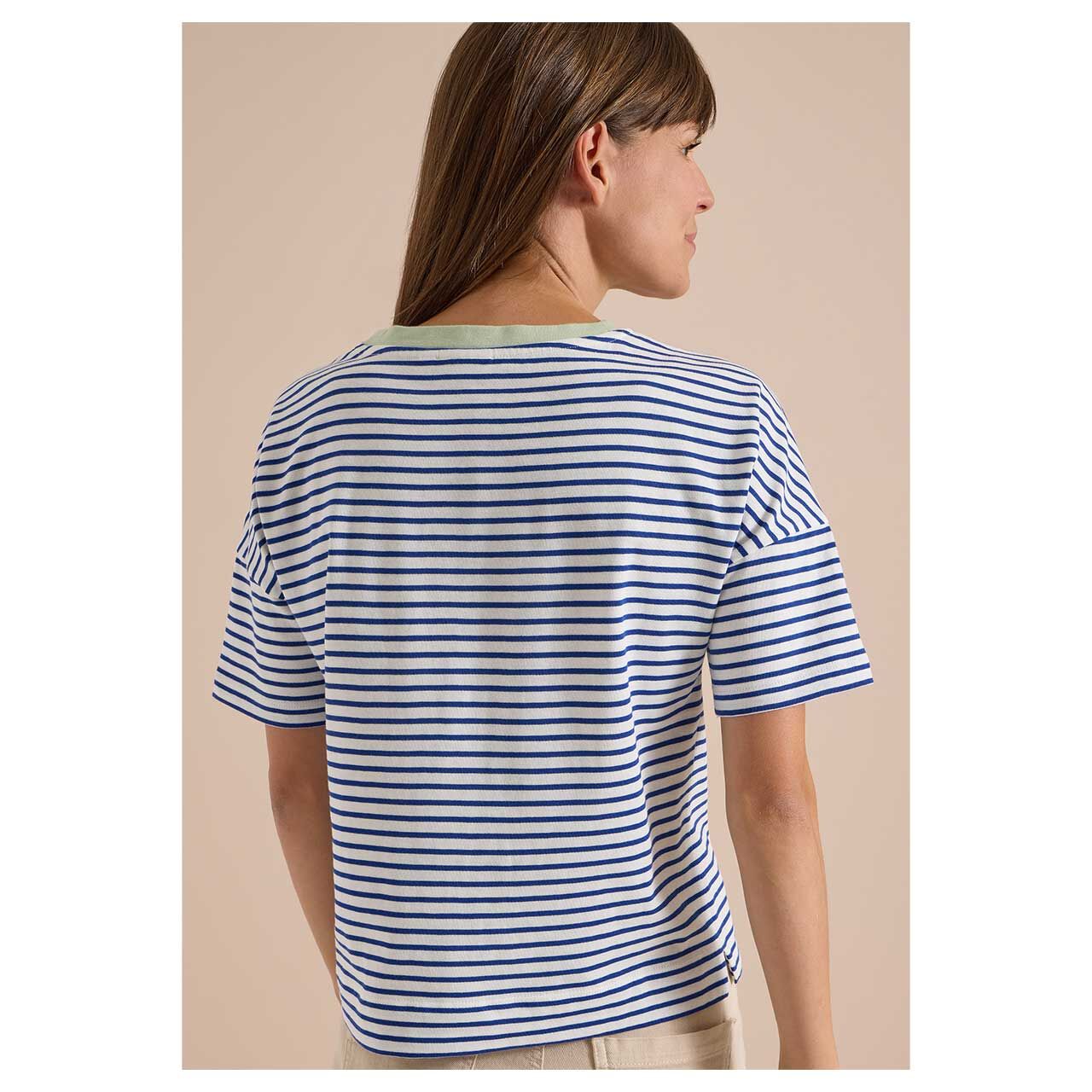Damen T-Shirt Striped Contrast Collar von Cecil in Blau gestreift, Rückansicht am Model