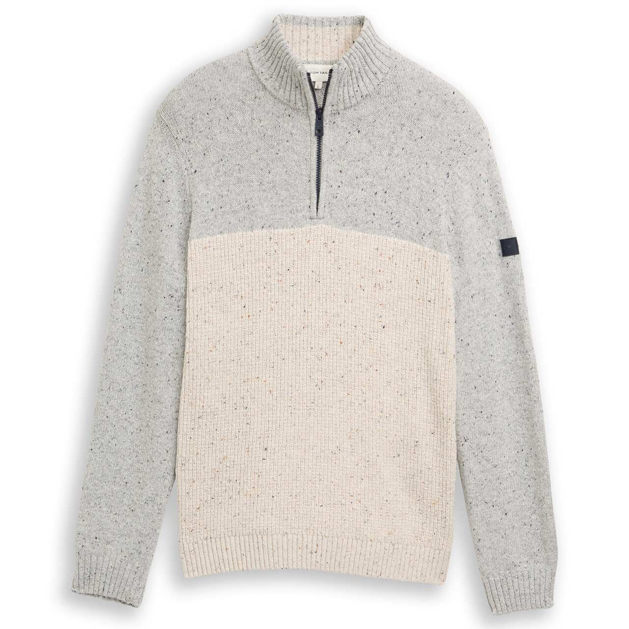 Tom Tailor Herren Pullover Structured Mix Knit Troyer grey offwhite nep colorblock melange