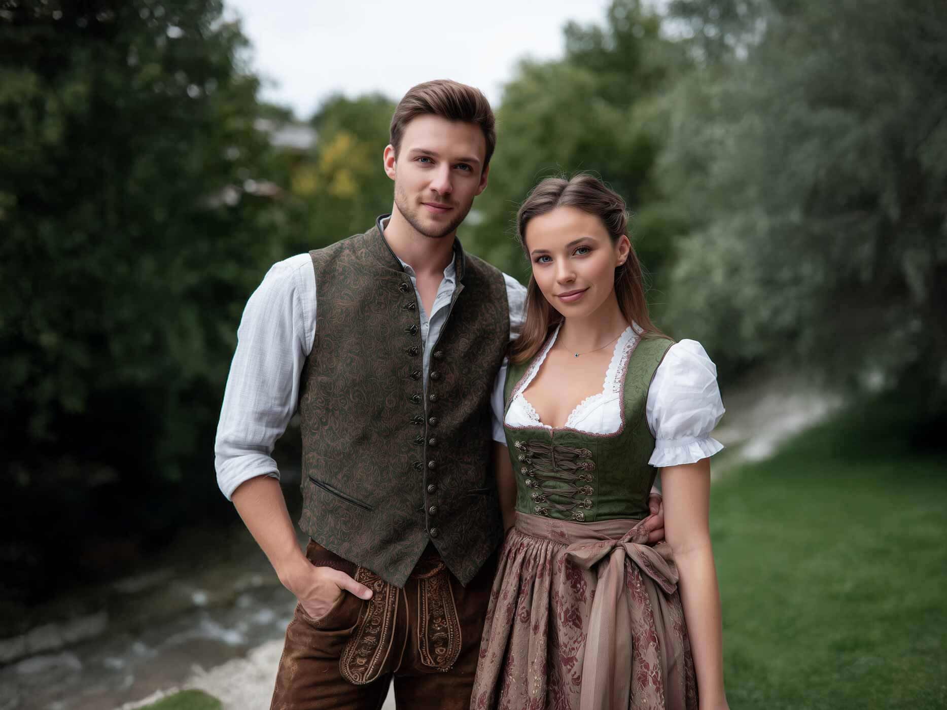 Ein Mann in Lederhosen und eine Frau in einem dunkelgrünen Dirndl umarmen sich.