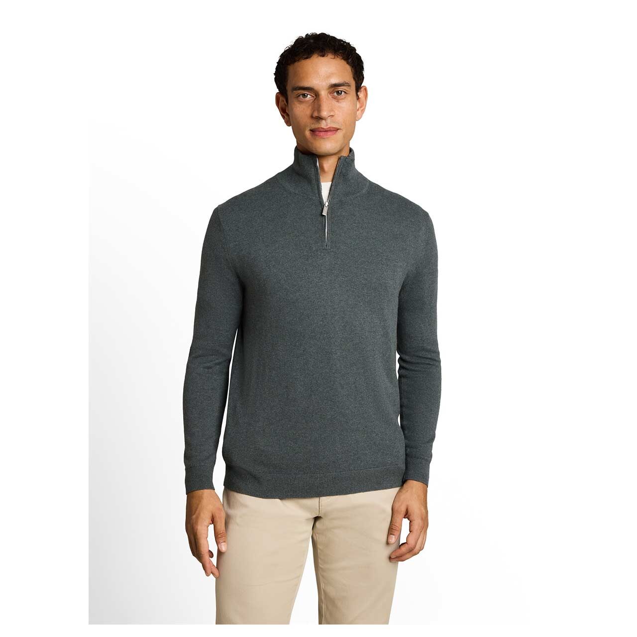 Herren Pullover Troyer Cashmere Knitted von Tom Tailor in Olivgrün meliert, Vorderansicht am Model