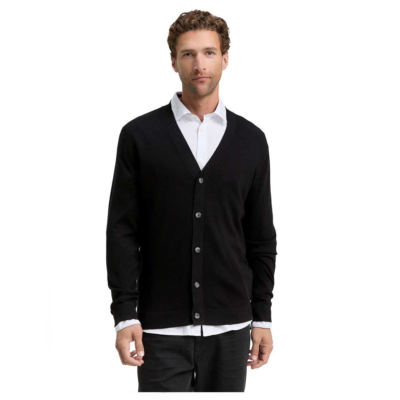 Herren Strickjacke Cashmere Cardigan von Tom Tailor in Schwarz, Vorderansicht am Model
