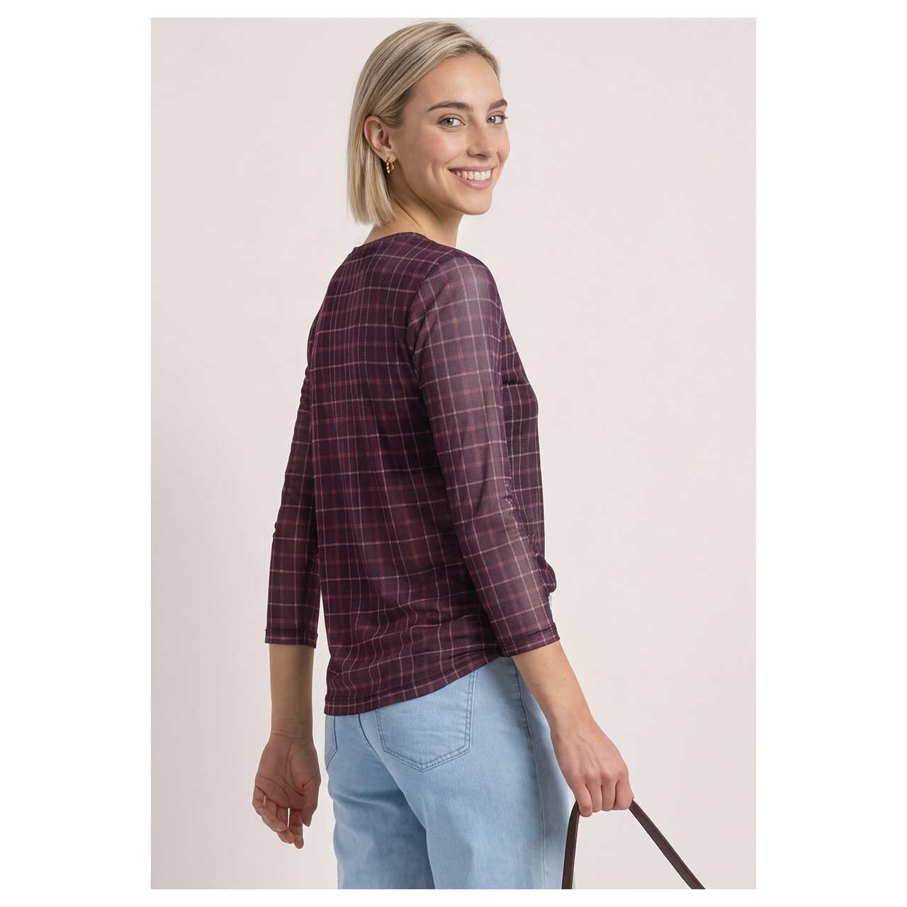 Damen 3/4 Arm Shirt Printed Mesh von Street One in Lila mit Print, Rückansicht am Model